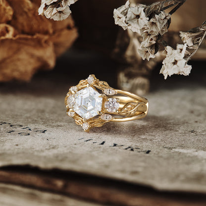 Hexagon shaped moissanite diamond bridal set with vintage setting