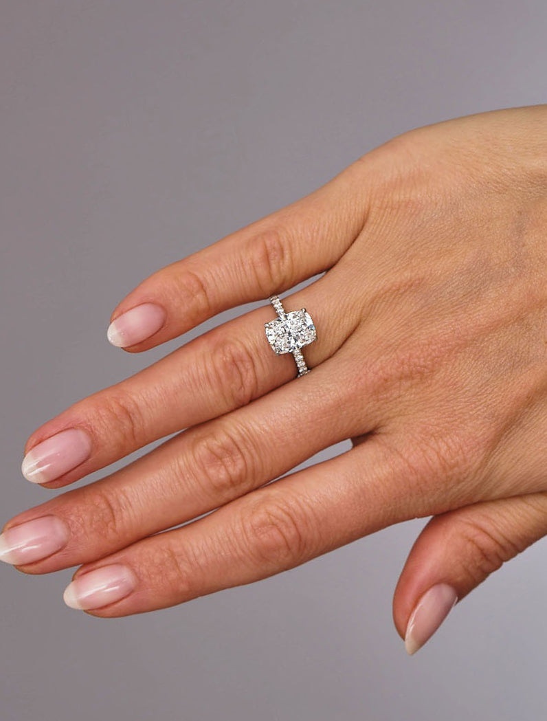 Hidden Halo Ring with 3.80 CT Elongtaed Cushion Cut Moissanite