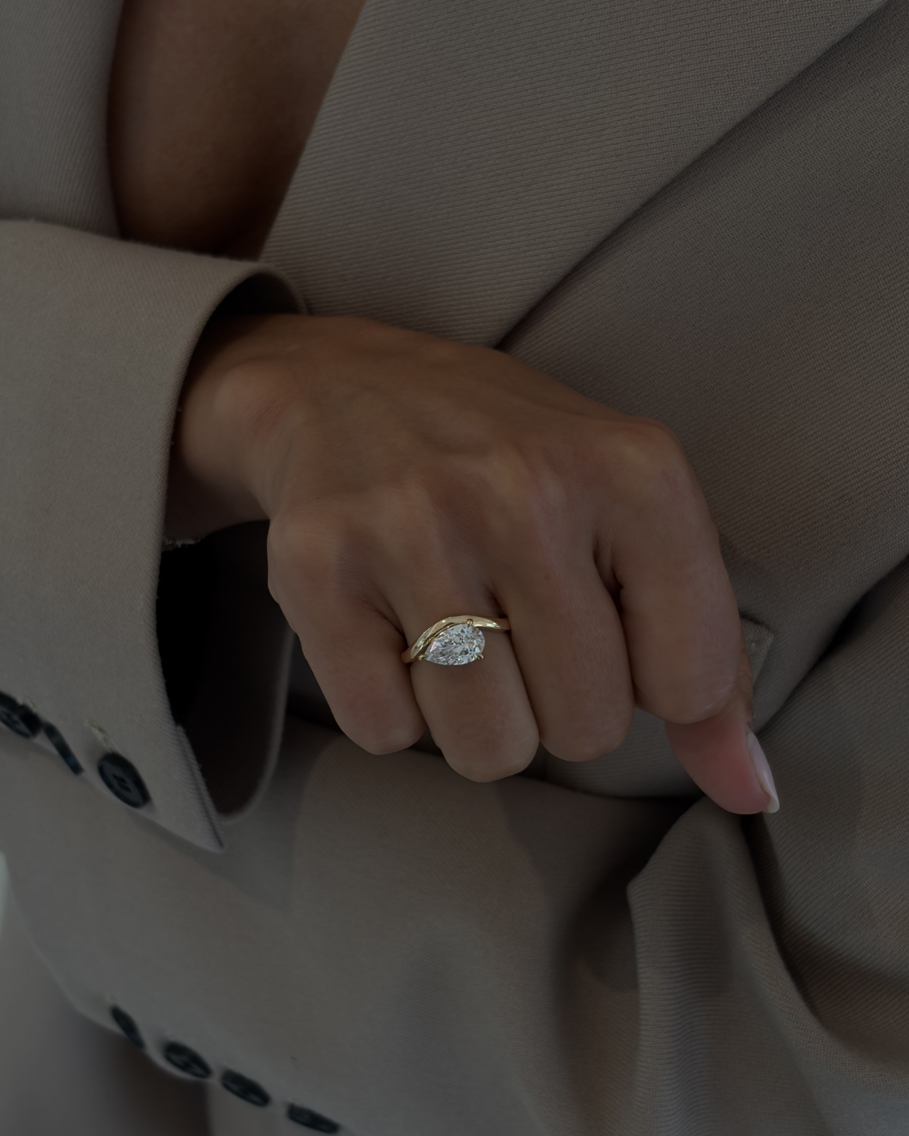 Celine- East West Pear Floating Style Diamond Solitaire Lab Grown Diamond Engagement Ring