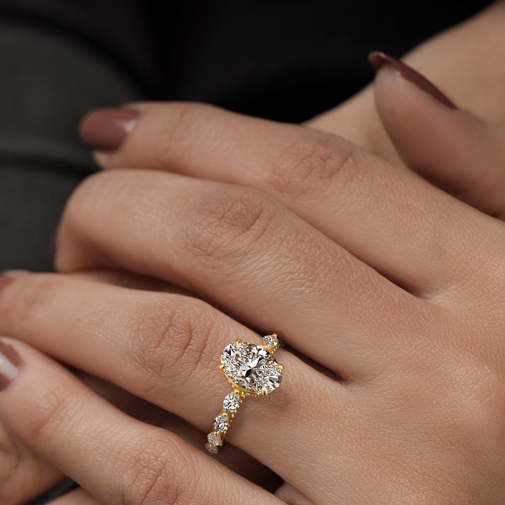 Milgrain Pave Ring with 1.0 CT Oval Cut Moissanite