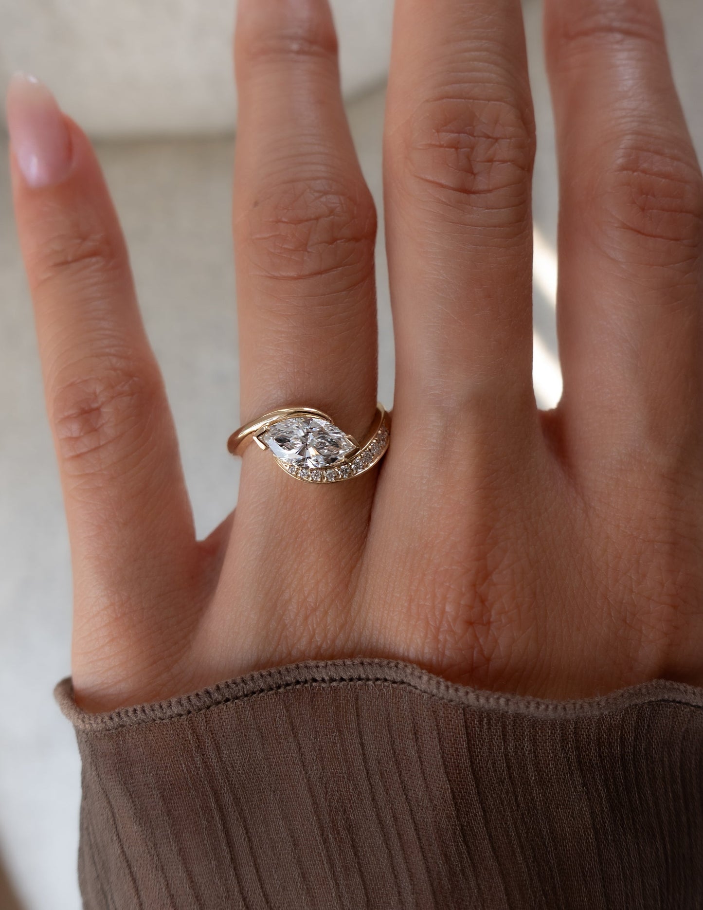 1.0 - 2.0 CT Marquise Cut Lab Grown Diamond Pavé Unique Setting Engagement Ring