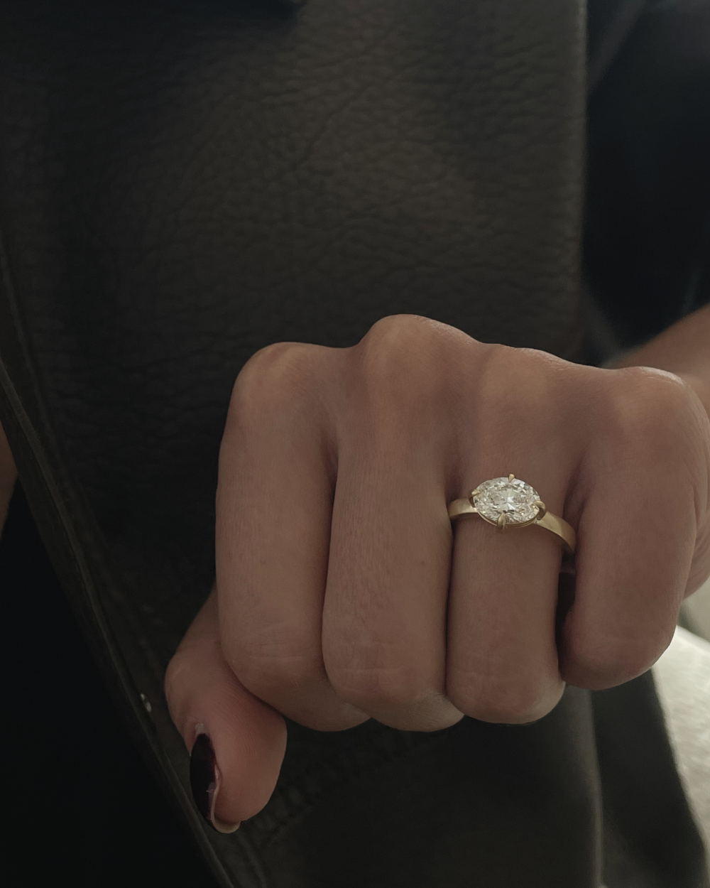 Solene- East West Oval Matt Finish Solitaire Signet Style Lab Grown Diamond Engagement Ring