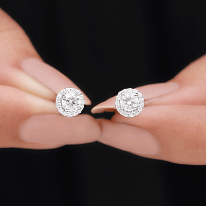 Halo Stud Earrings with 0.45 CT Round Cut Moissanite