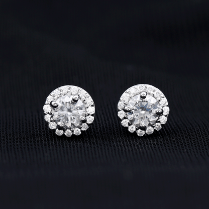 Halo Stud Earrings with 0.45 CT Round Cut Moissanite