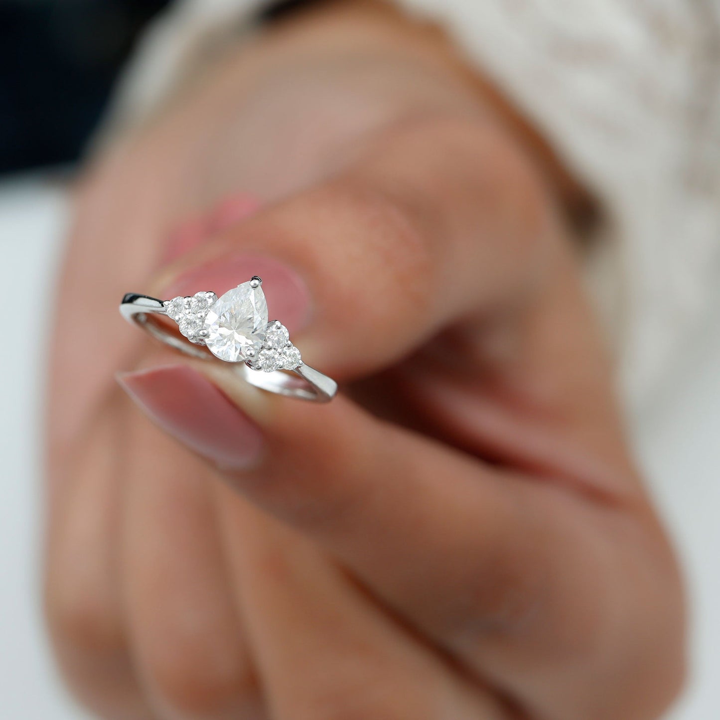 Cluster Ring with 1.0 CT Pear Cut Moissanite