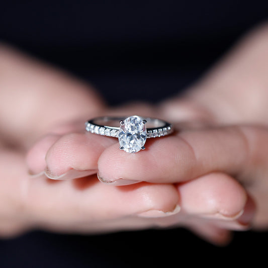 Pave Setting Ring with 1.70 CT Oval Cut Moissanite