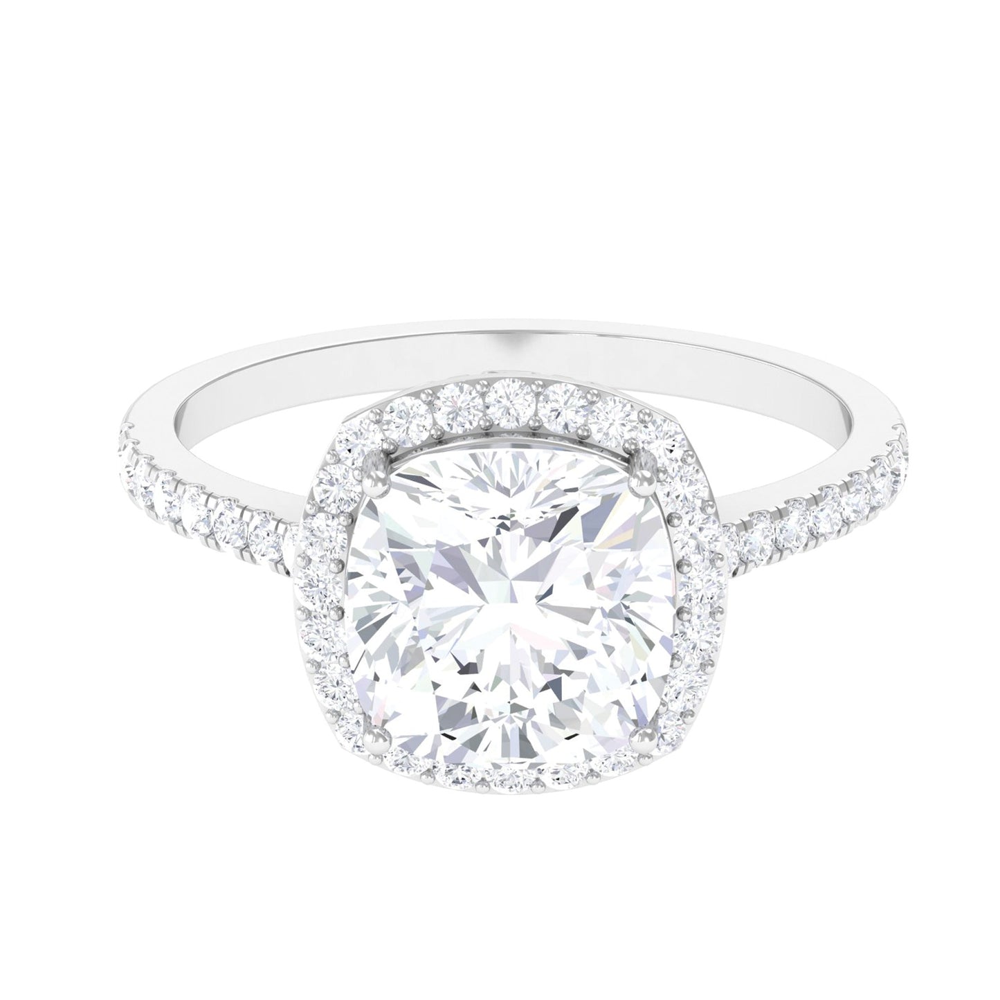 Cushion cut moissanite engagement ring with halo setting