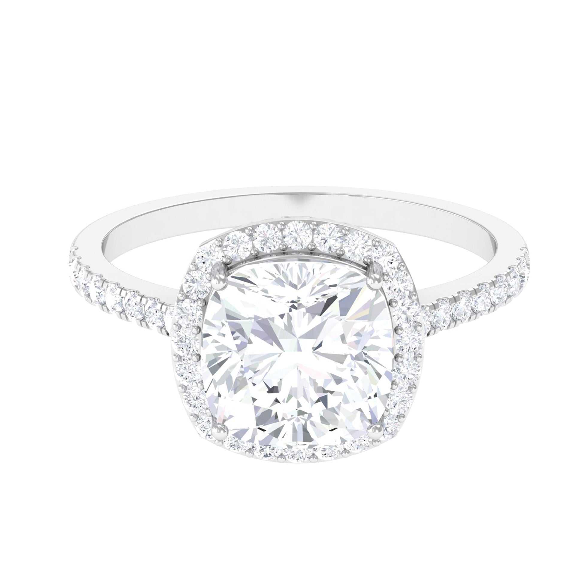 Cushion cut moissanite engagement ring with halo setting
