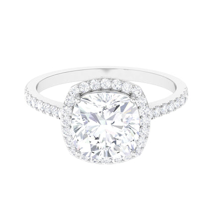 Cushion cut moissanite engagement ring with halo setting