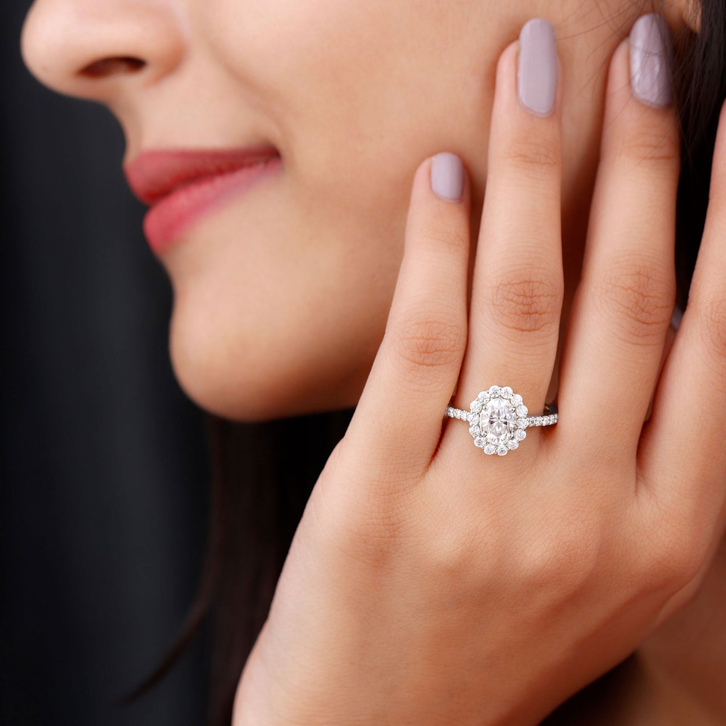 Halo Ring with 1.50 CT Oval Cut Moissanite