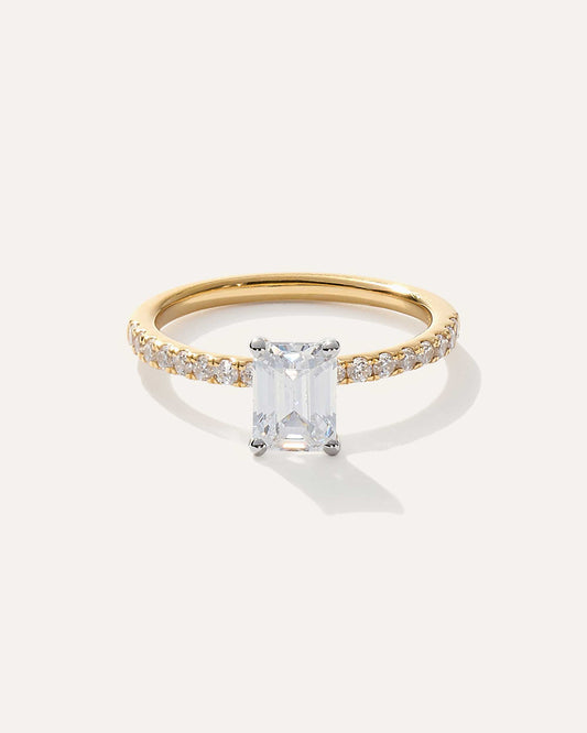 Emerald cut CVD lab grown diamond engagement ring with elegant pave band for timeless sparkle and sophistication