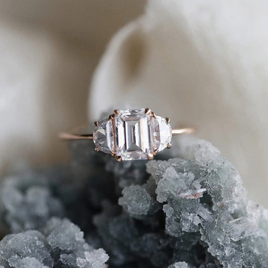 Three Stone Ring with 2.0 CT Emerald Moissanite