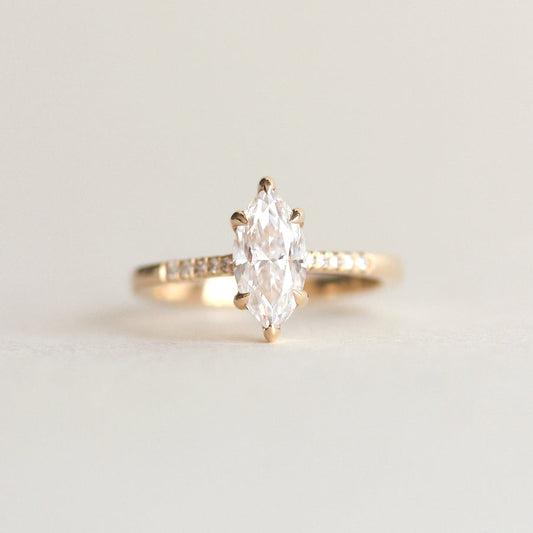 Marquise cut CVD lab grown diamond pave engagement ring with slim diamond band and pointed ends
