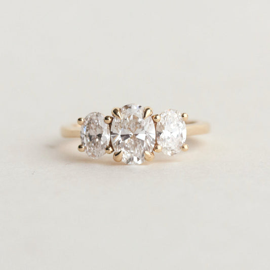 1.25–3.25 CT oval cut CVD lab grown diamond three stone ring, F color, VS1 clarity, classic prong setting