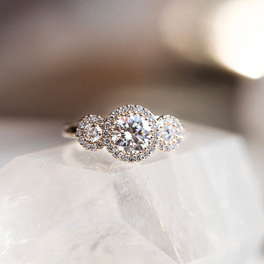 Three Stone & Halo Ring with 2.0 CT Round Moissanite
