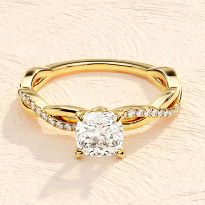 Cross Over Pave Ring with 2.0 CT Cushion Moissanite