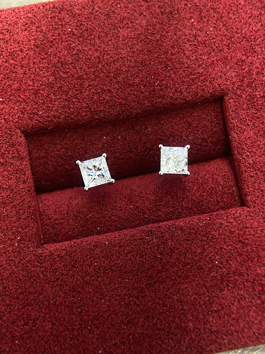 Solitaire Stud Earrings with 1.24 TCW Princess Cut Moissanite