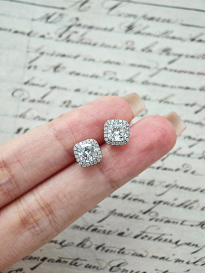 Halo Earrings with 1.0 TCW Cushion Cut Moissanite