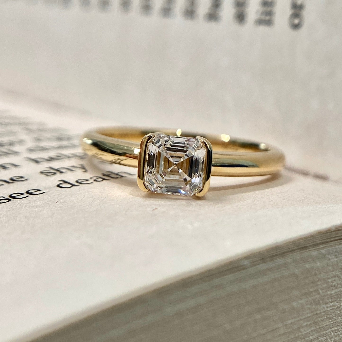 Asscher cut CVD diamond solitaire style engagement ring