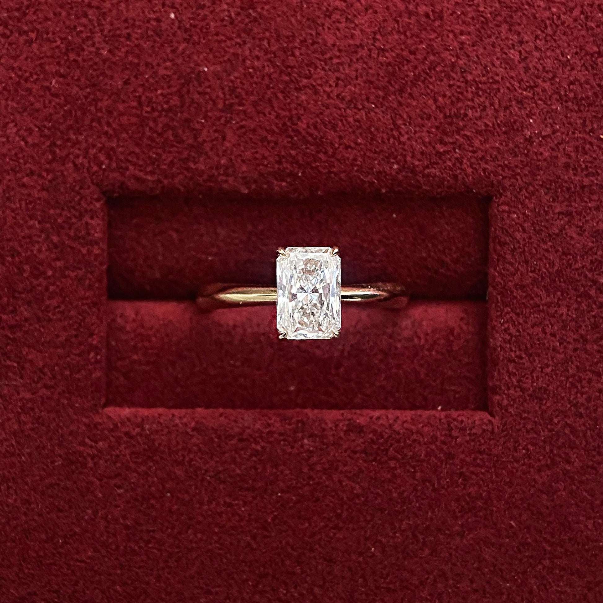 Radiant cut CVD diamond solitaire engagement ring