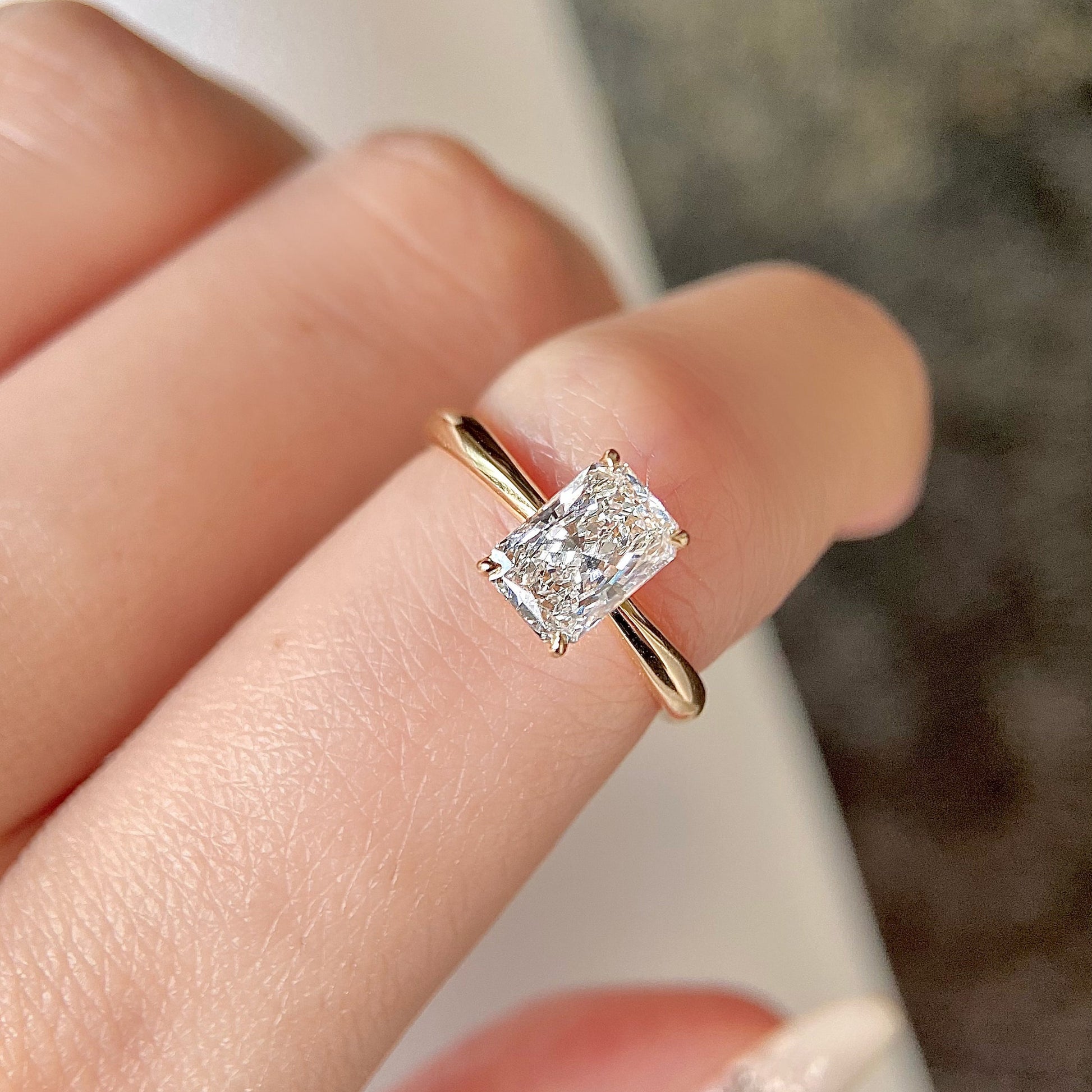 Radiant cut CVD diamond solitaire engagement ring
