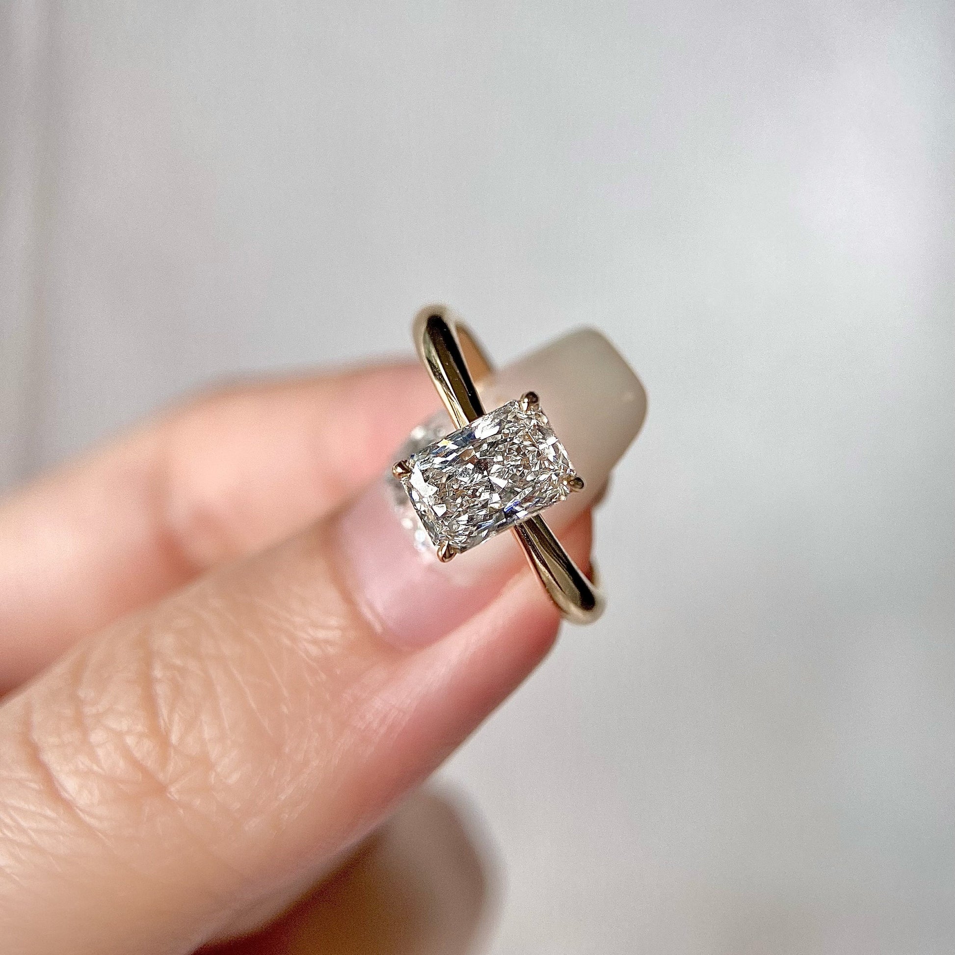Radiant cut CVD diamond solitaire engagement ring