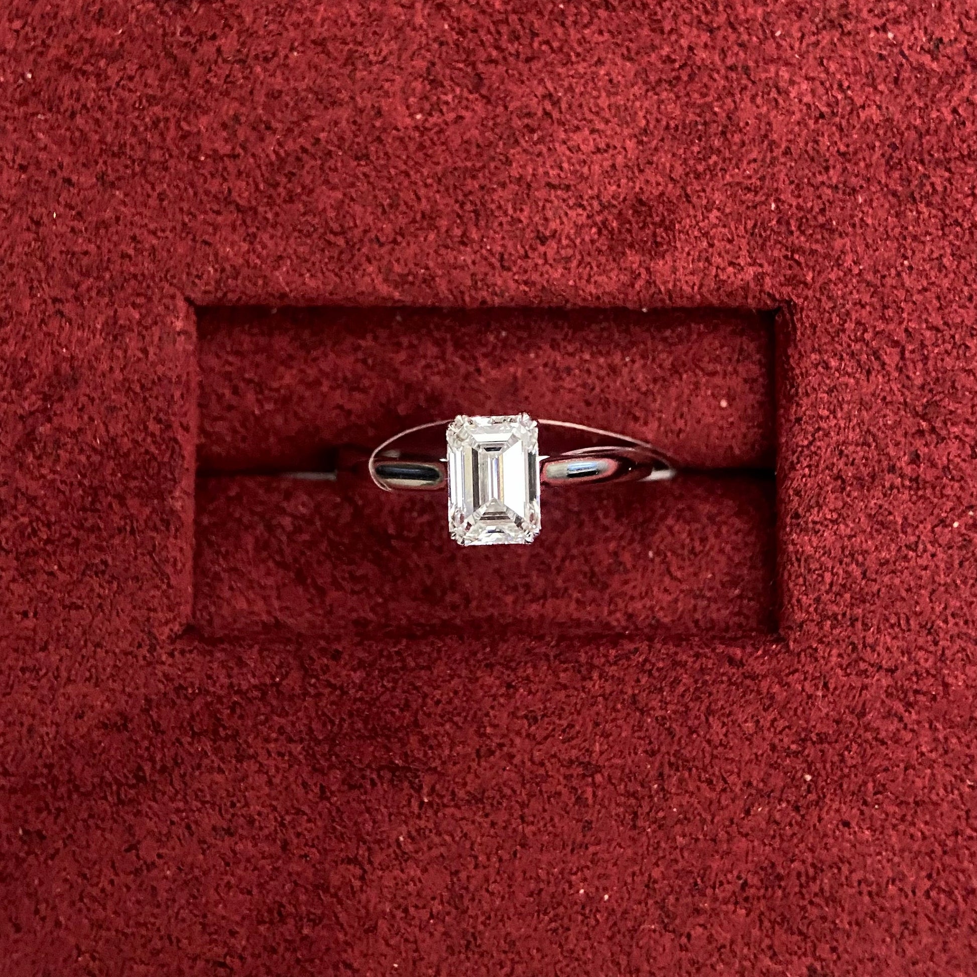 Emerald cut CVD diamond solitaire style engagement ring