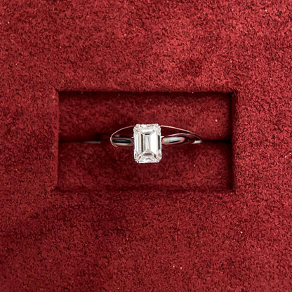 Emerald cut CVD diamond solitaire style engagement ring
