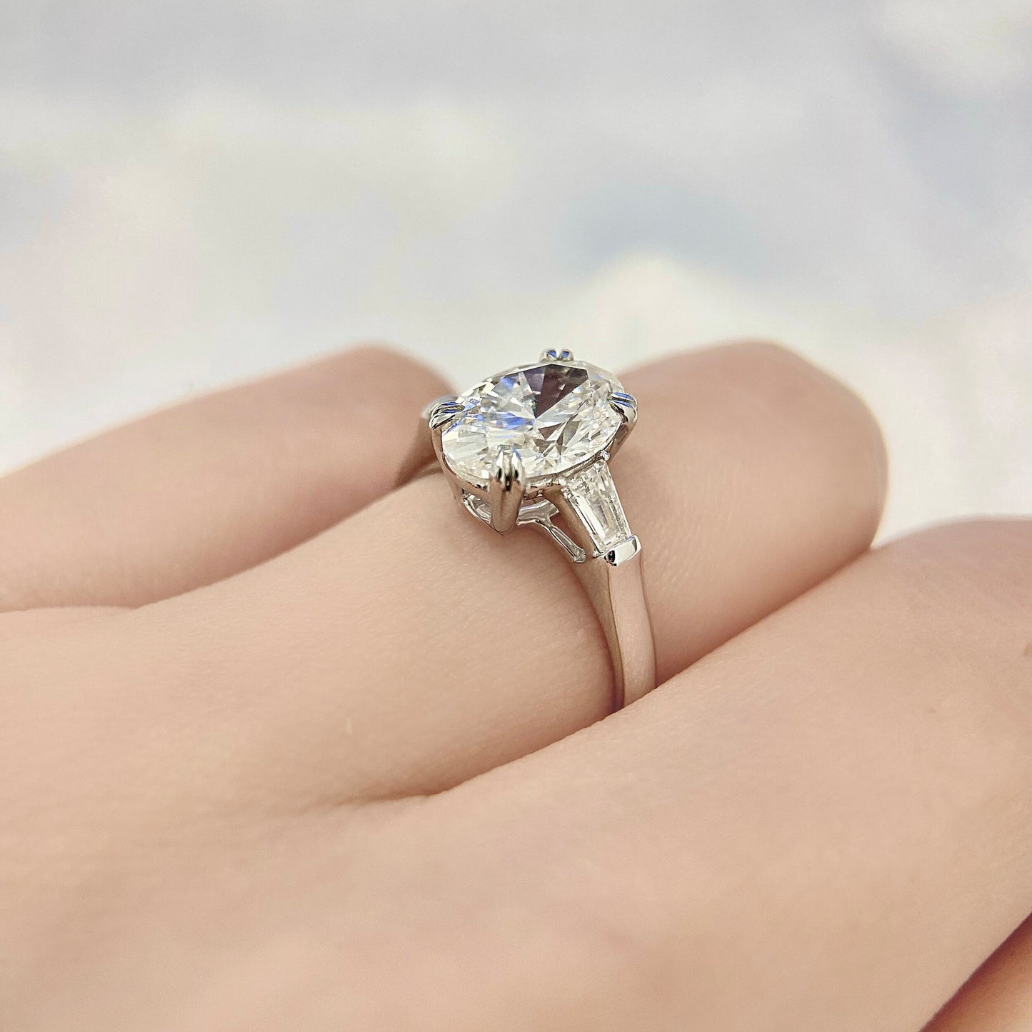 Oval cut CVD diamond three stone style engagement ring