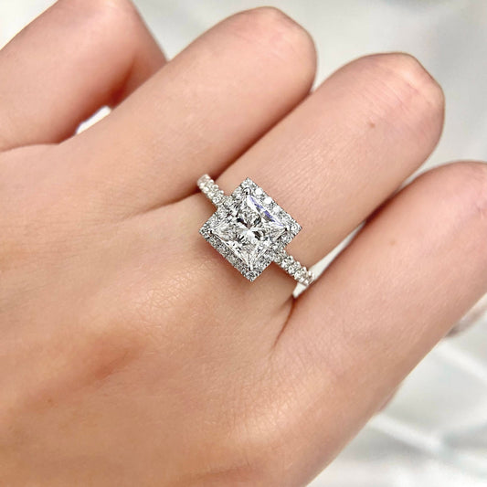 Princess cut CVD diamond halo and pave style engagement ring