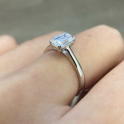 Emerald cut CVD diamond solitaire style engagement ring