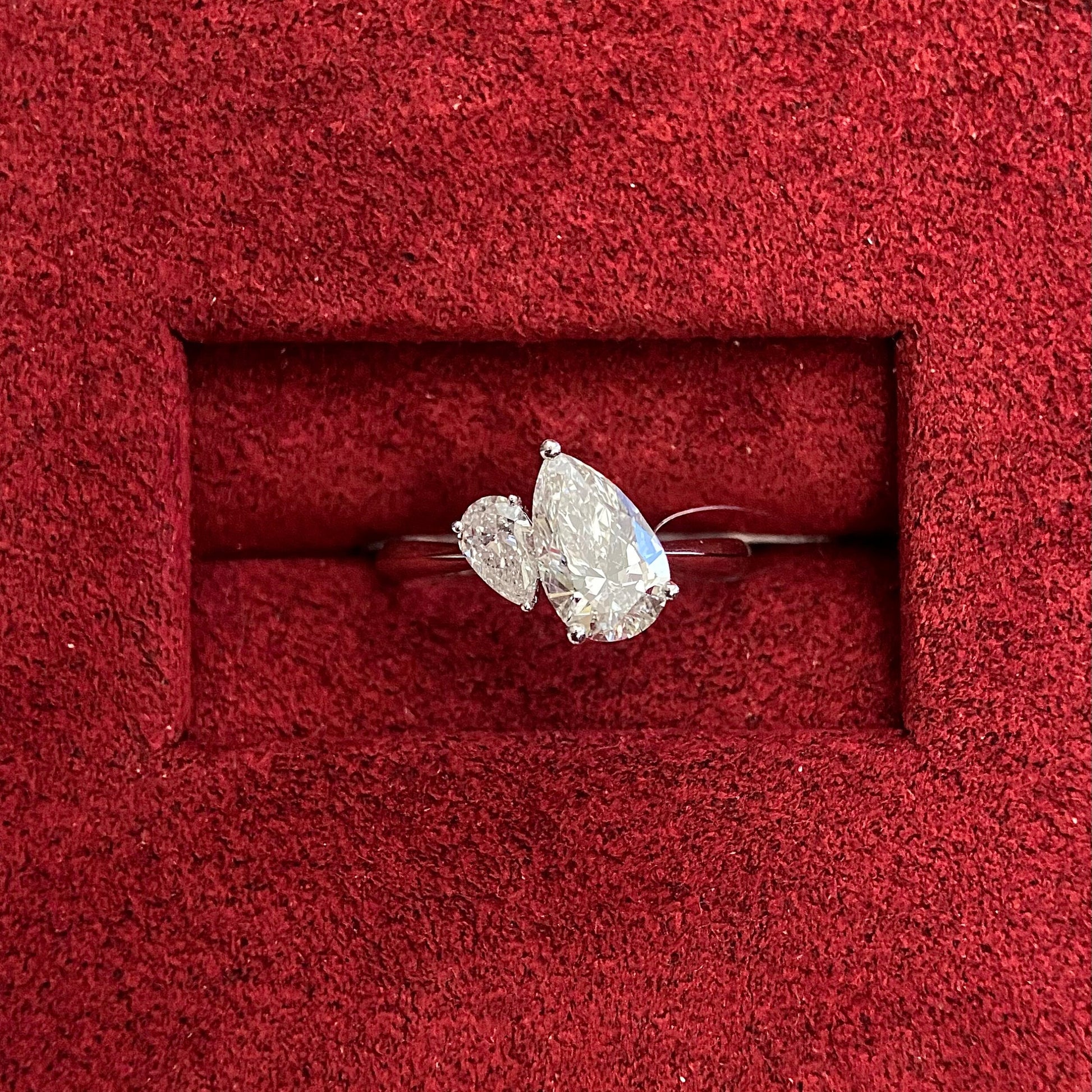 Pear cut CVD diamond two stone style engagement ring