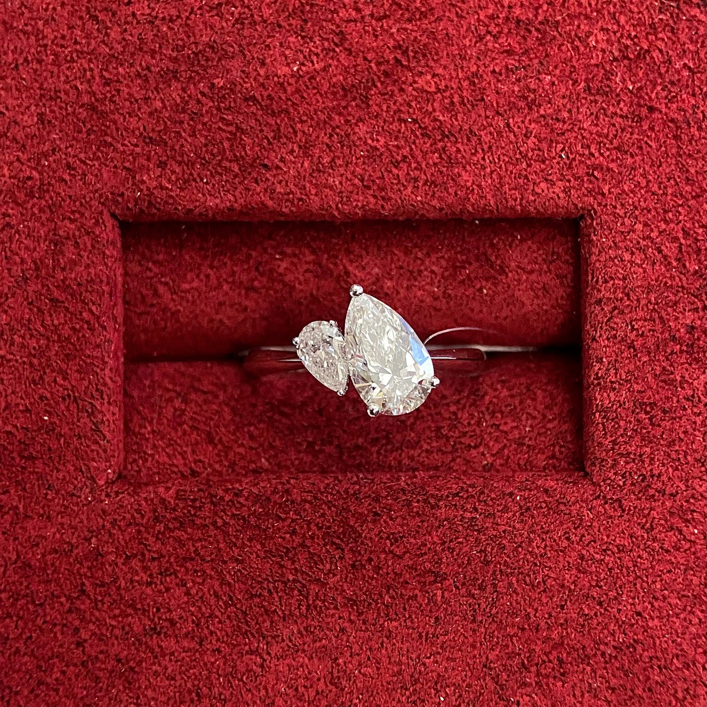 Pear cut CVD diamond two stone style engagement ring
