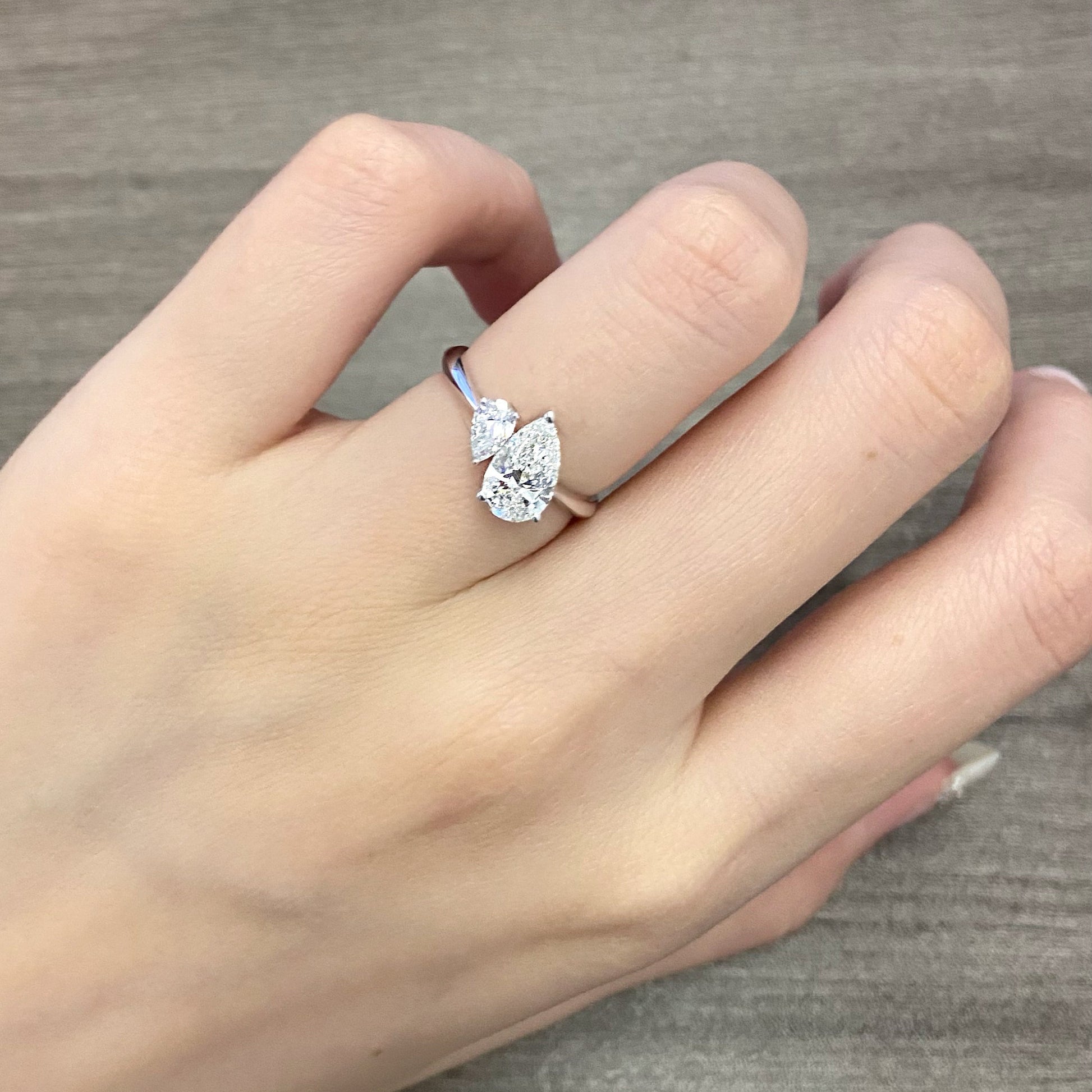Pear cut CVD diamond two stone style engagement ring