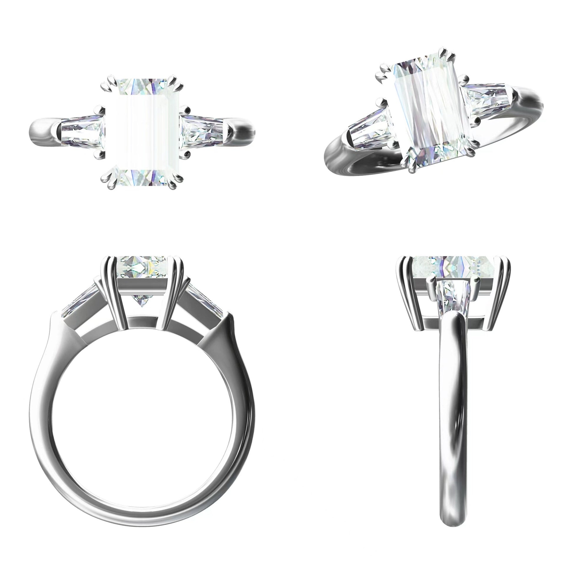 Radiant cut CVD diamond three stone engagement ring
