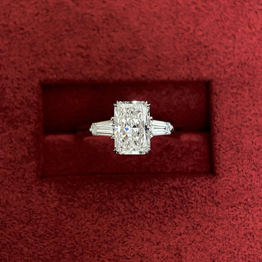 Radiant cut CVD diamond three stone engagement ring