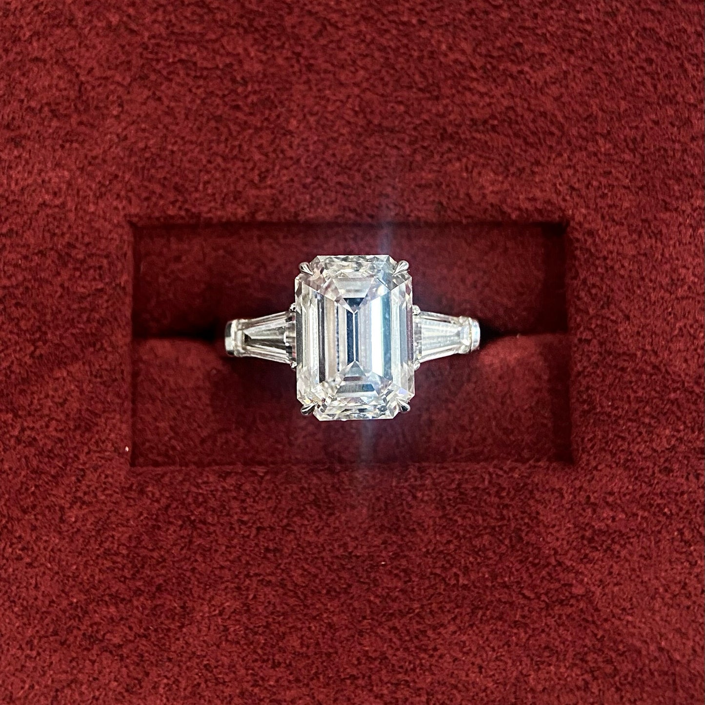 Emerald cut CVD diamond three stone setting engagement ring