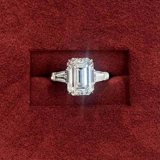 Emerald cut CVD diamond three stone setting engagement ring