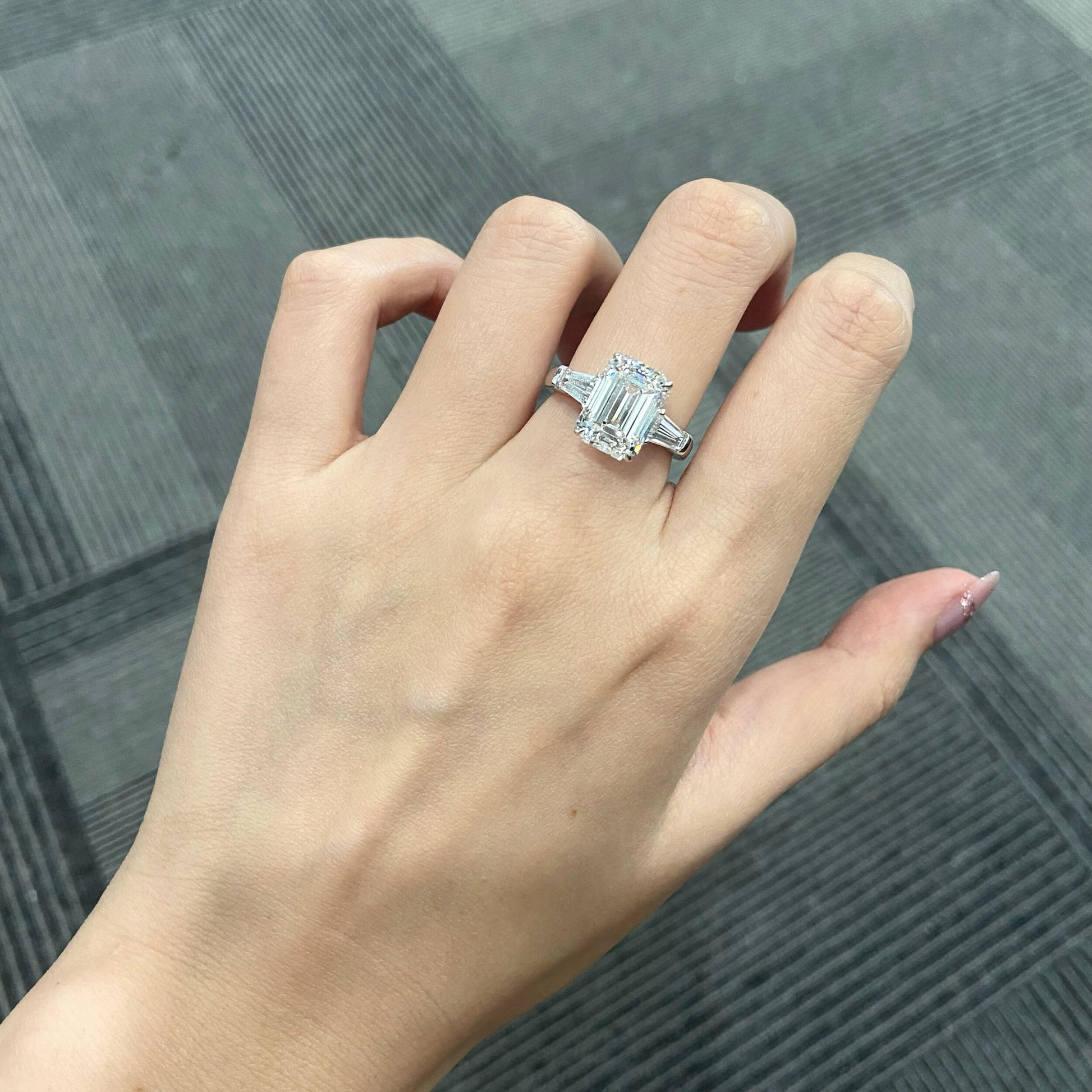 Emerald cut CVD diamond three stone setting engagement ring
