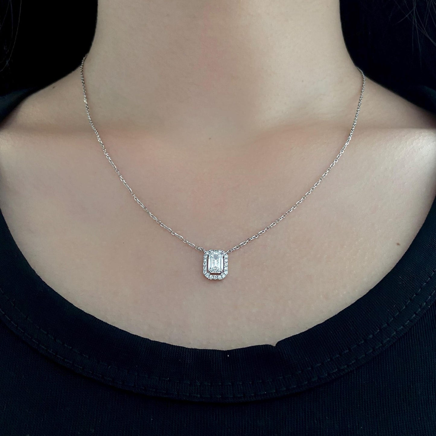 Halo Necklace with 1.0 TCW Emerald Cut Moissanite