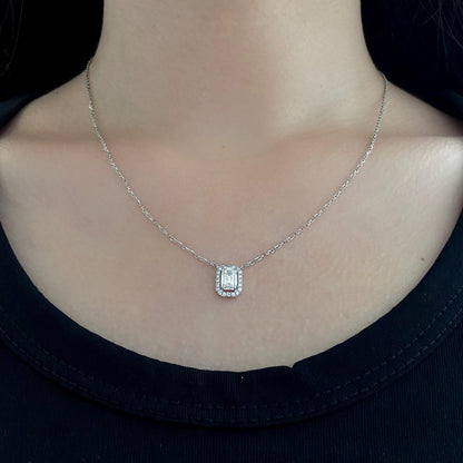 Halo Necklace with 1.0 TCW Emerald Cut Moissanite