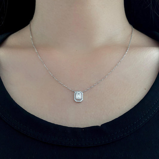 Halo Necklace with 1.0 TCW Emerald Cut Moissanite