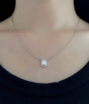 Halo Necklace with 1.0 TCW Emerald Cut Moissanite