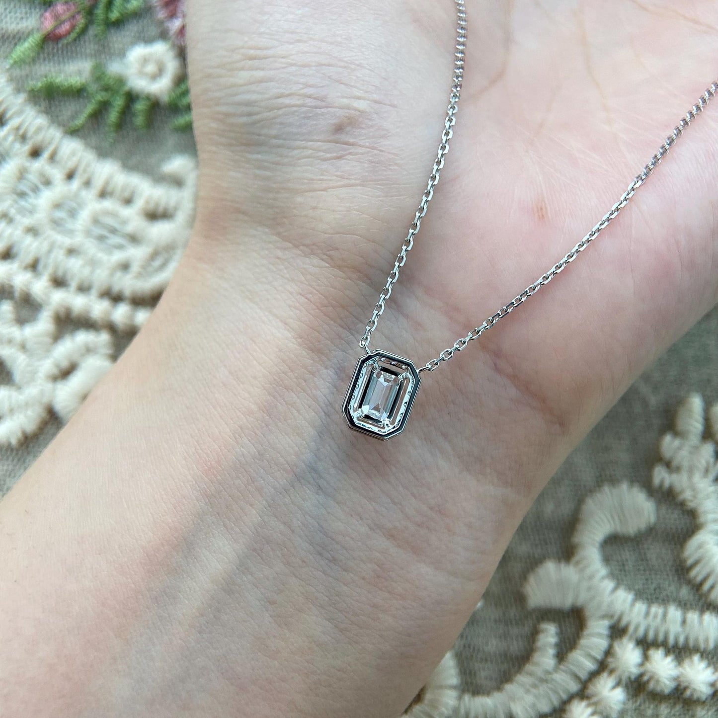 Halo Necklace with 1.0 TCW Emerald Cut Moissanite