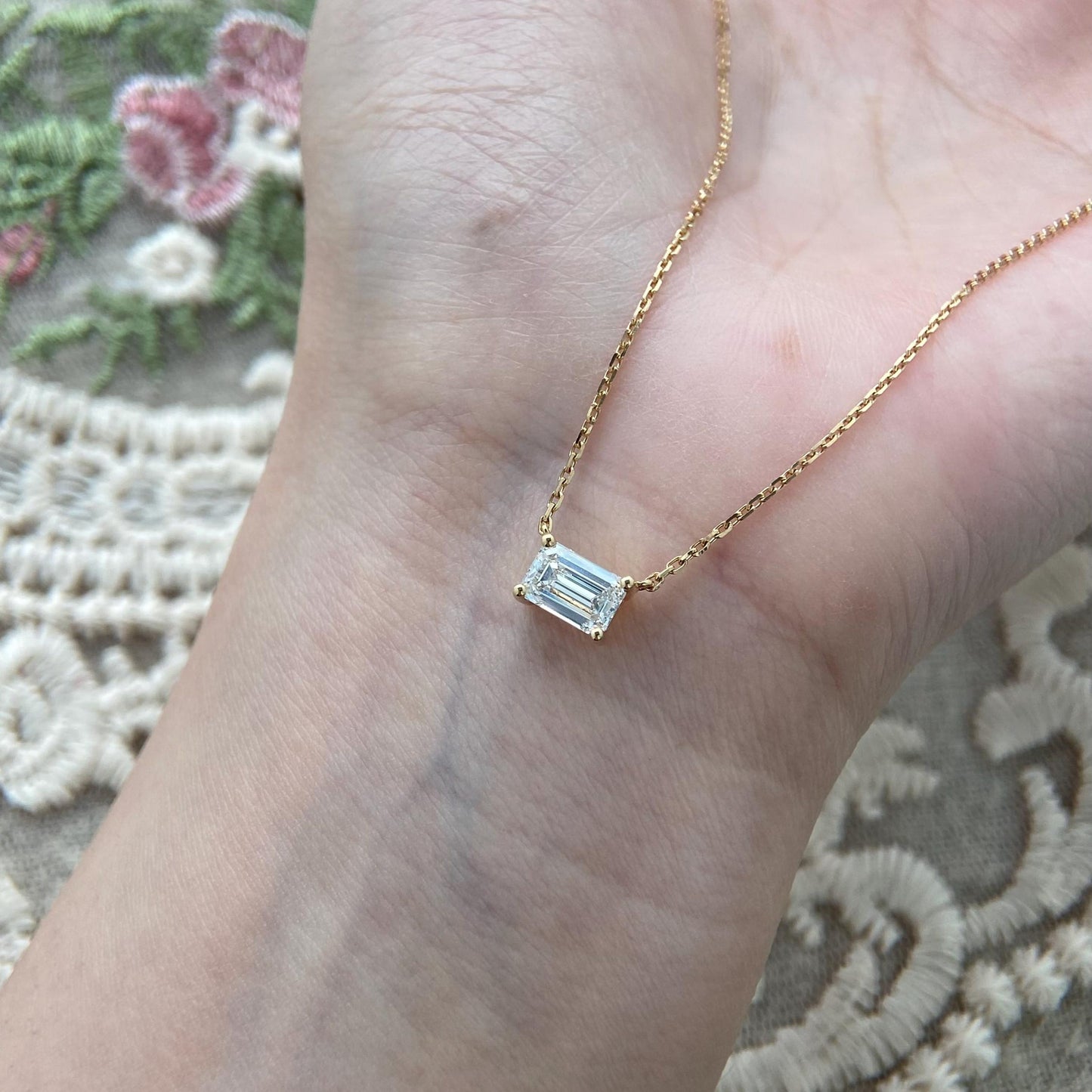 Solitaire Necklace with 1.0 TCW Emerald Cut Moissanite