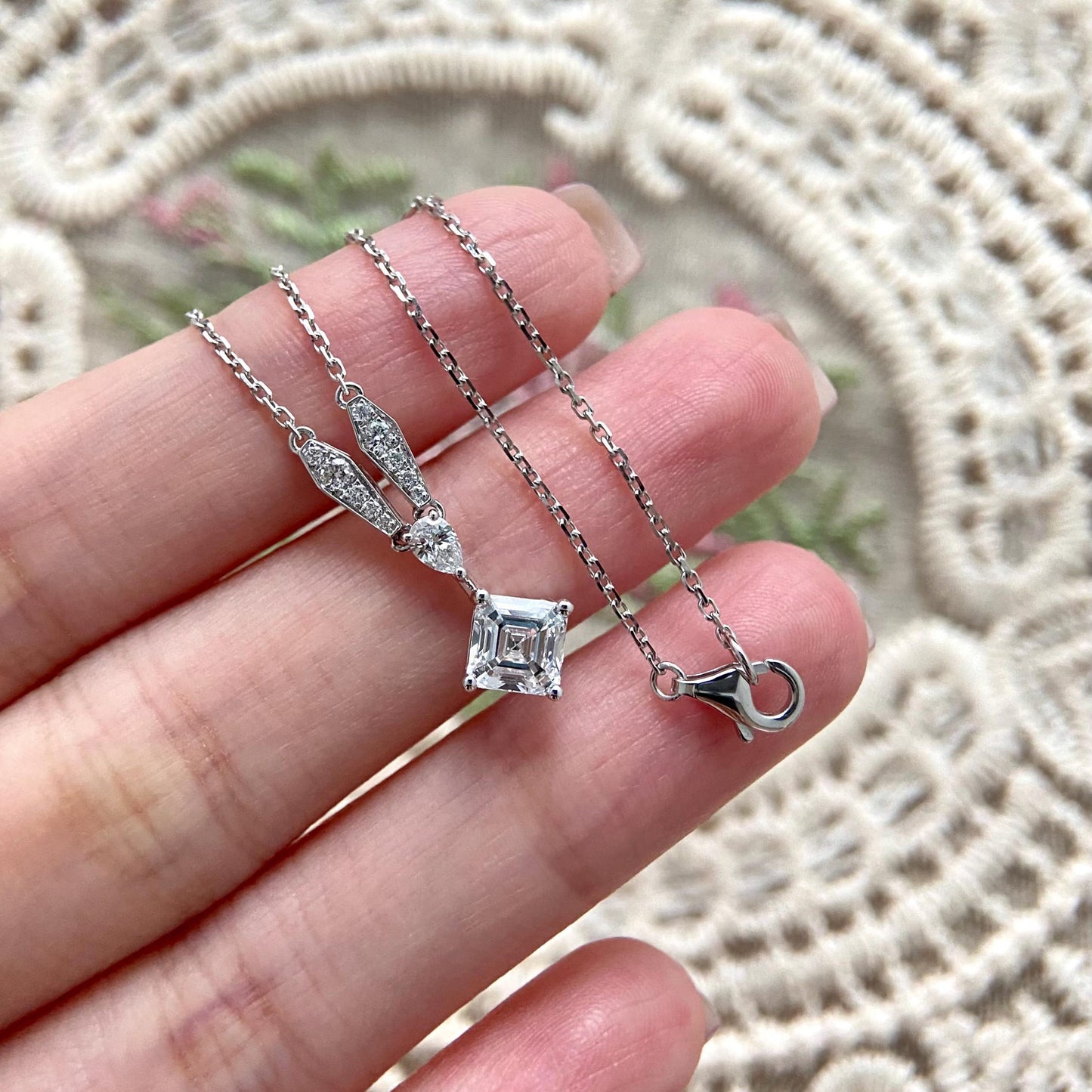 Cluster Necklace with 1.0 TCW Asscher Cut Moissanite