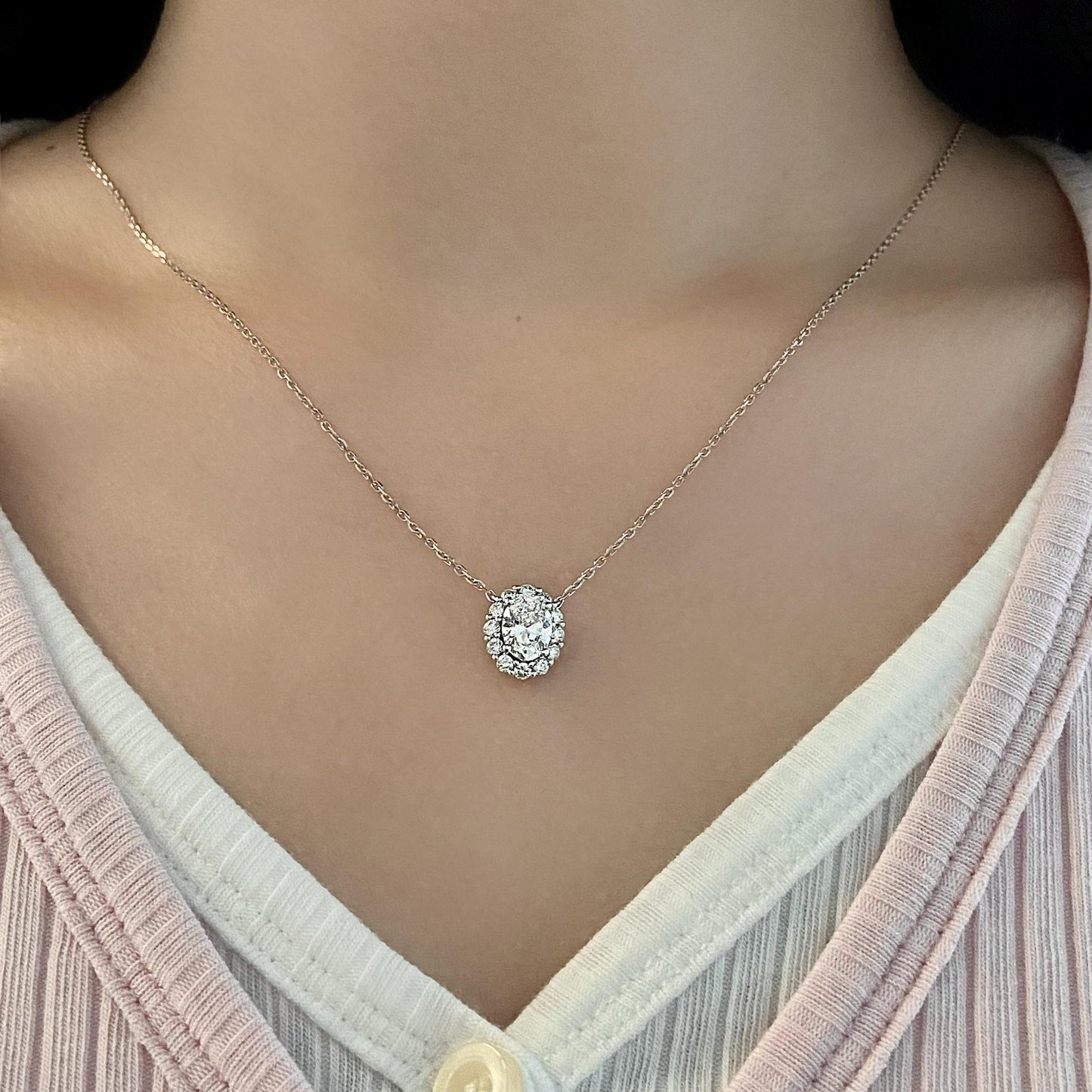 Halo Necklace with 1.0 TCW Round Cut Moissanite