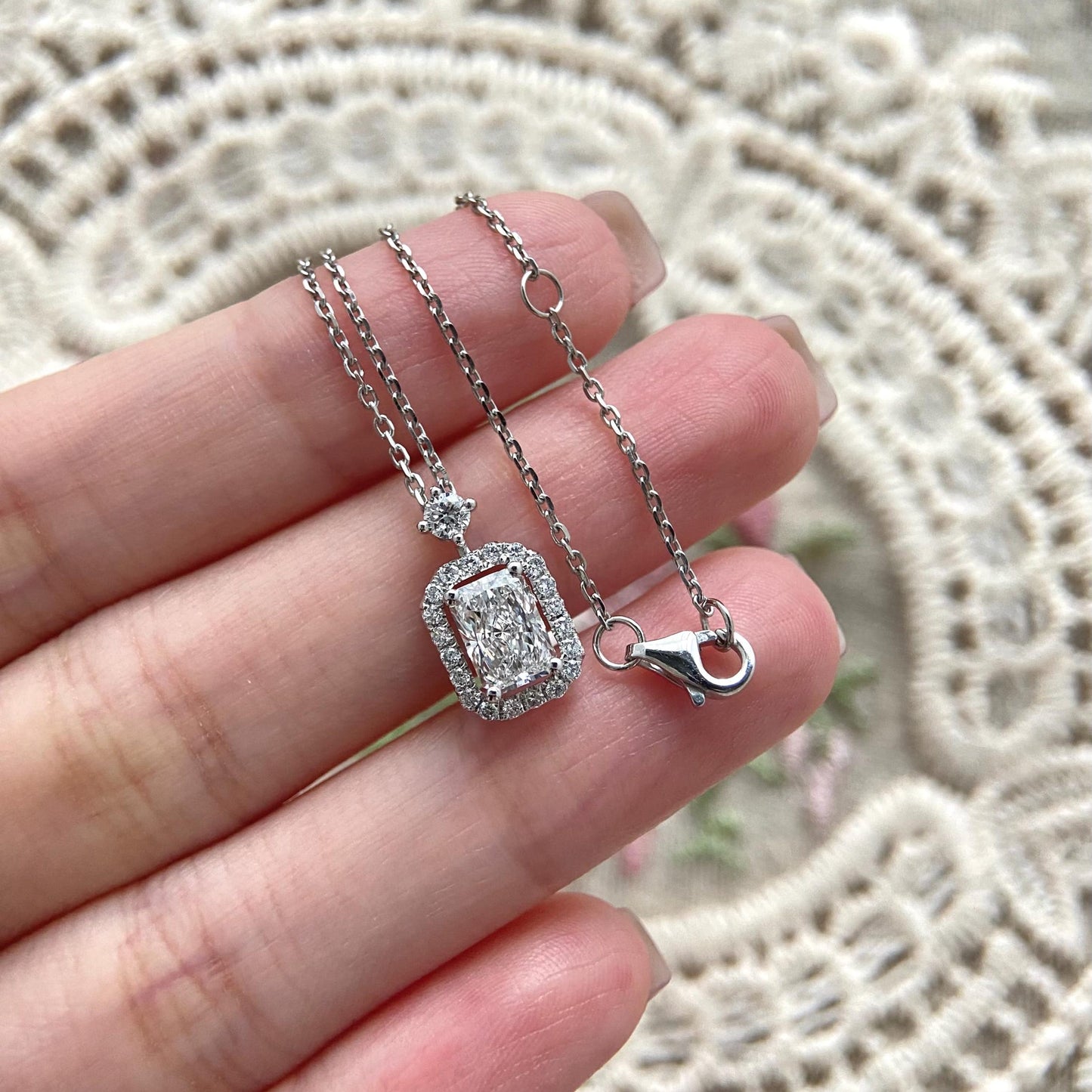 Halo Necklace with 1.0 TCW Radiant Cut Moissanite