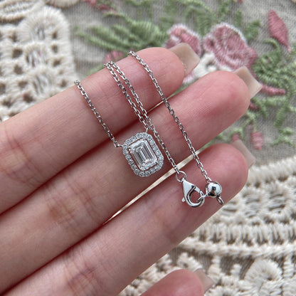 Halo Necklace with 1.0 TCW Emerald Cut Moissanite