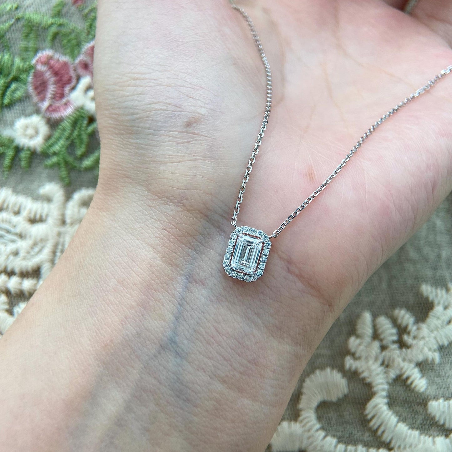 Halo Necklace with 1.0 TCW Emerald Cut Moissanite